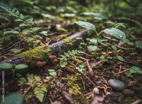 Forest Floor with Moss and Fungi Growth.