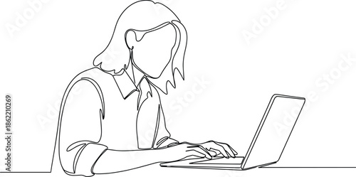 Minimalist line art illustration of woman working on laptop, focused remote work concept, modern professional lifestyle, elegant continuous outline vector