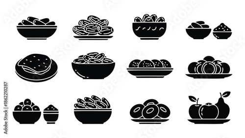 A variety of silhouette food icons featuring dates, nuts, sweets, and fresh fruits