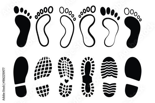 Human footprint and shoe print silhouette vector icon set, including barefoot and boot prints, steps, tracks, and trail concept, black isolated graphics for walking, hiking, tracking, and outdoor 