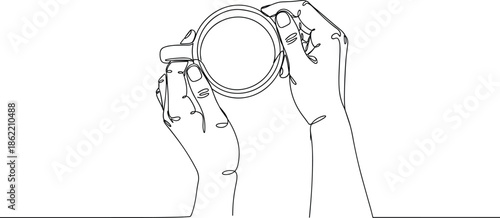 Minimalist line art illustration of hands holding round cup or container, simple daily ritual moment, elegant continuous outline vector design style