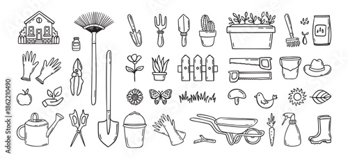 Gardener tools hand drawn doodle icons set. Hobby gardening. Garden items for plant care and backyard cleaning. Garden line clipart.
