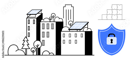 Sustainability concept. Sustainability d with solar panel buildings and eco-friendly systems. Sustainability combines green energy and urban security. For eco-technology, smart cities