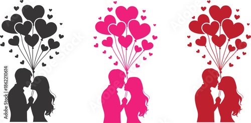 Valentine Romantic Couple Silhouette with Heart Balloons Love Illustration