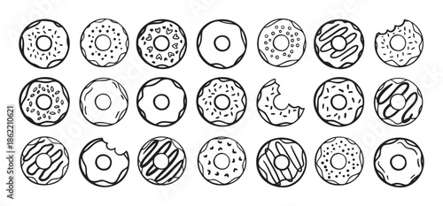 Doodle donuts set. hand drawn outline donut icons. Collection of cute doughnuts. Donut Doodles Sketch of cute donuts.