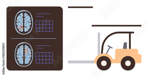 Brain scans alongside forklift convey cognitive analysis, mental load, research, neuroscience, logistics, problem-solving, technology integration. Ideal for science, psychology technology workplace