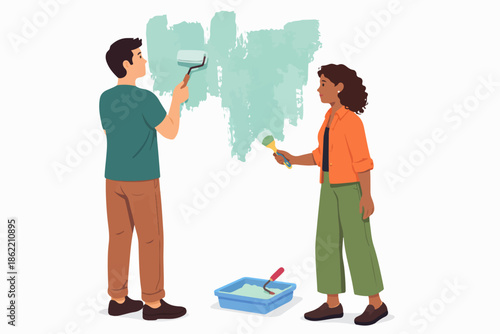 Crew painting the walls of the room with great enthusiasm and creating a new decoration.