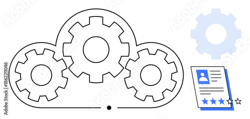 Three gears inside a cloud, representing technology and operations, next to a resume with a rating bar. Ideal for teamwork, process optimization, hiring, HR processes, workflow, innovation simple