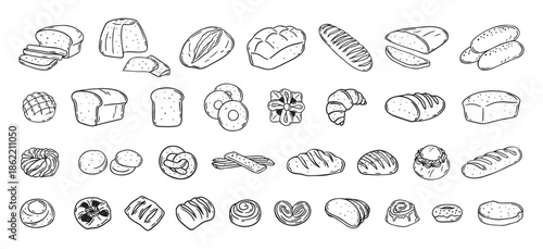 Bread different types hand drawn doodle outline icon set. Bread engraving, line art. Wheat products, baked goods, bakery