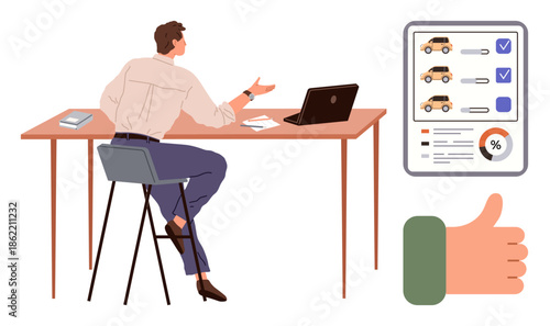 Man sitting at desk with laptop, reviewing automobile checklist and statistics. Thumbs-up sign indicates approval. Ideal for data analysis, decision-making, business strategy, car sales, office work