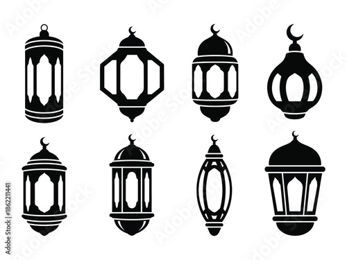 Collection of traditional islamic ramadan lanterns with crescent moon tops