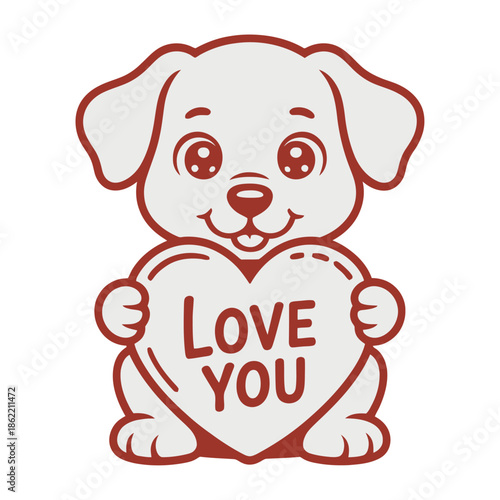 A minimalist Valentine-themed illustration design with a cute cartoon puppy sitting and holding a heart-shaped sign that says "I love you" for t-shirts, stickers, greeting cards and valentines.