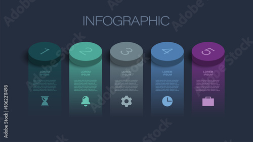 3D infographic template design with 5 step processes. Round 3D elements arranged horizontally for data visualization.