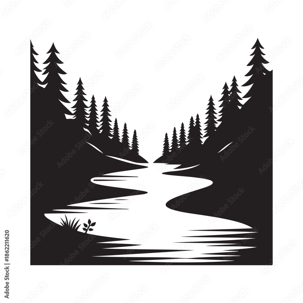 Obraz premium River forest vector silhouette line art logo design concept illustration