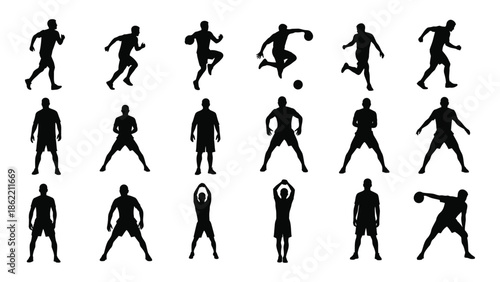 Silhouette collection of people in dynamic movement and various athletic poses