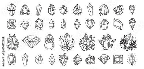 Mystical crystals or diamonds isolated clipart bundle set. Magic crystals hand drawn, crystals doodle, line gem stones isolated items on white esoteric