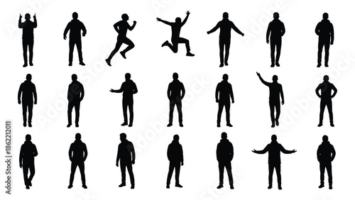 Silhouettes of people in various poses and actions against a white background