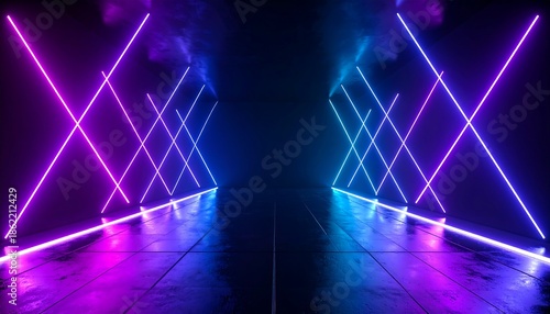 Vibrant abstract sci-fi background with a tunnel of glowing purple and blue neon laser lines on a reflective floor