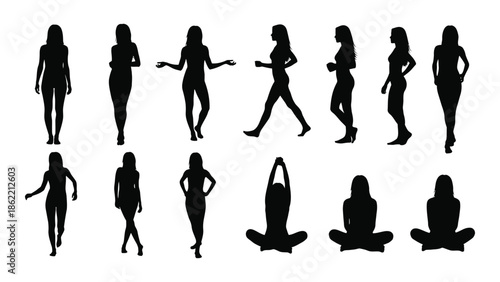 Silhouettes of people in various poses and dynamic movements a black and white collection