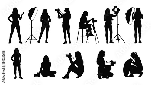 Silhouette collection of photographers models and studio equipment in black