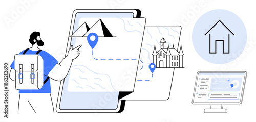 Travel planning, digital navigation, tourism, exploring landmarks, geo-tracking, location destinations. A backpacker with a map, landmarks and a navigation interface. Travel planning and digital