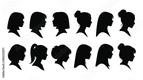 Collection of diverse female profile silhouettes in black and white