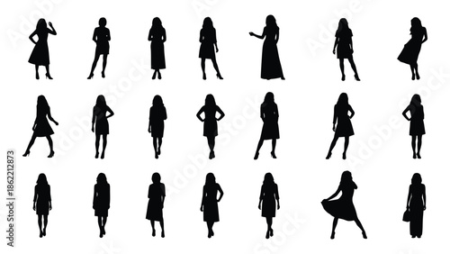 Collection of diverse female silhouettes in black showing various poses and dress styles