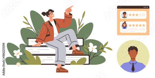 Woman pointing upward seated on stacked books surrounded by plants. Digital user profiles with ratings and headshot highlight education, feedback, teamwork, profile creation, motivation, simple flat