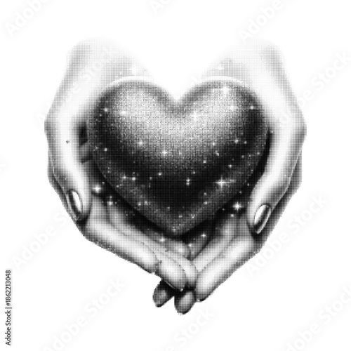 Hands holding glowing heart-shaped space symbol in halftone style. Concept of love, care, hope, spirituality, universe energy, and emotional connection, isolated on white background.