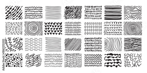 Hand drawn crosshatch line drawing set. Different pen scratch. Doodle isolated vector. 