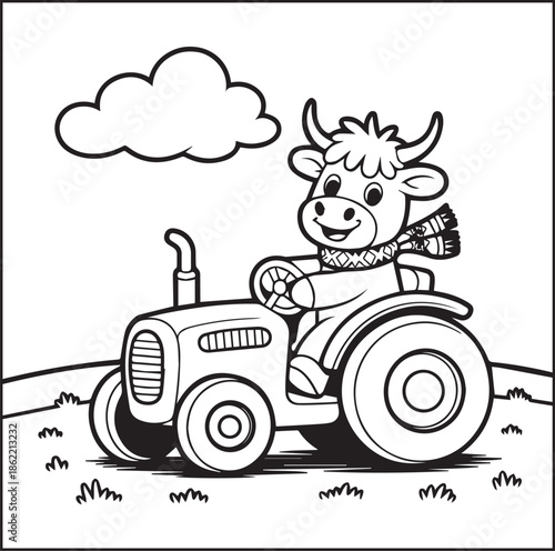 Highland cow on a tractor in field nature scene black outline vector element coloring page for kids and adults