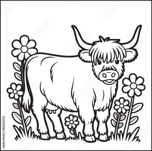 Highland cow in nature scene black outline vector element coloring page for kids and adults