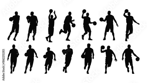 Silhouettes of basketball players in various dynamic action poses