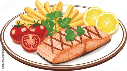 Grilled salmon fillets with fries, cherry tomatoes, lemon slices, and parsley, realistic food vector for culinary and nutrition themes