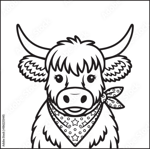 Beautiful highland cow wearing costume outline vector element coloring page for kids and adults