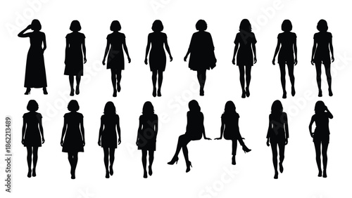 Silhouettes of women in various poses and dresses a dark graphic collection