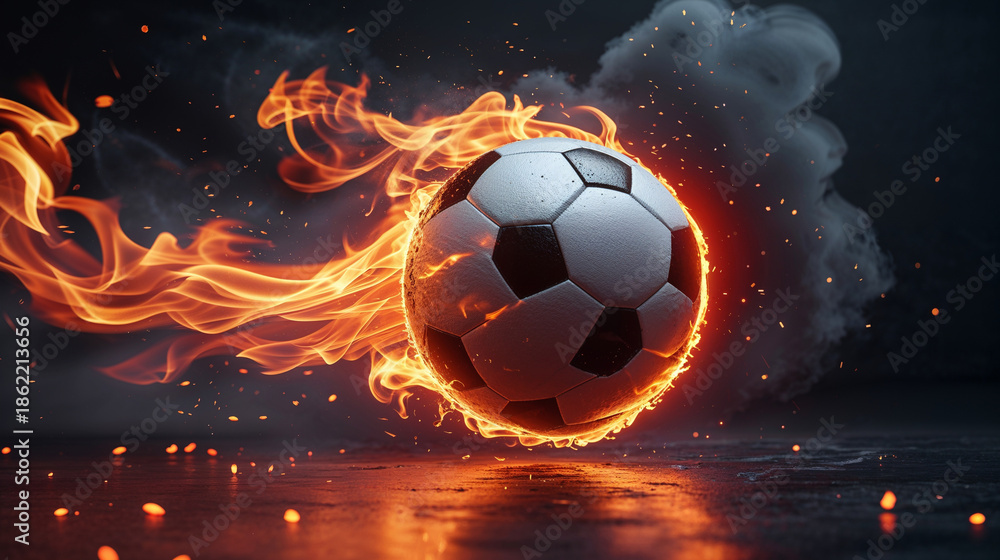 Fototapeta premium Soccer ball engulfed in intense flames and smoke, dramatic action shot