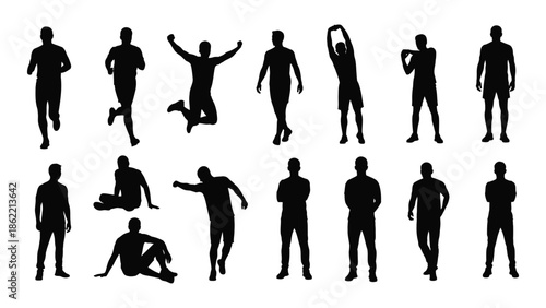 Silhouettes of people in various dynamic poses and activities isolated on white