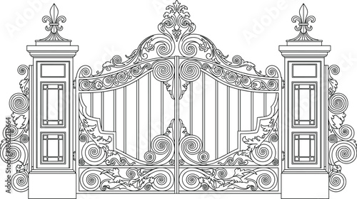 Classical Black Wrought Iron Gate Silhouette Featuring Decorative Floral Medallion Arched Spear Top Pickets and Ornate Posts on White Background