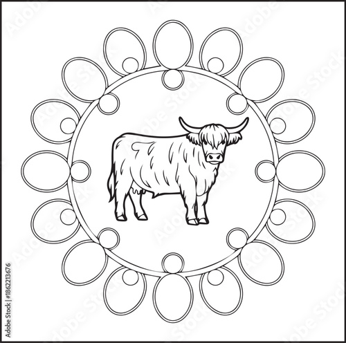 Highland cow in circle border frame black outline vector element coloring page for kids and adults