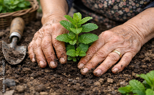 Elderly woman's hands planting a mint plant in a garden bed, surrounded by soil and green foliage