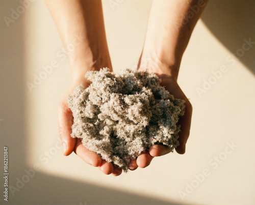Vista dall’alto di mani che raccolgono fibra di cellulosa grigia su sfondo bianco, texture morbida e composizione minimale.