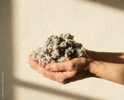 Mani che cullano fibra di cellulosa illuminate da luce dorata, atmosfera accogliente e naturale, sfondo neutro caldo e rassicurante.