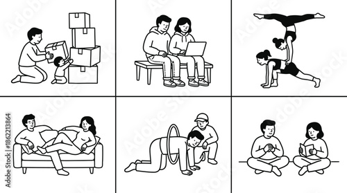 Flat Line Art Vector Illustrations Showing Couples Collaborating Through Moving House, Working on Laptop, Doing Yoga, Relaxing, Training, and Reading Together