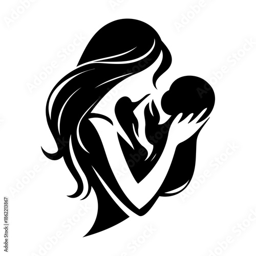 Beautiful black and white silhouette illustration of a mother tenderly cradling her newborn infant baby
