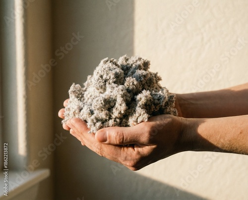 Mani che cullano fibra di cellulosa illuminate da luce dorata, atmosfera accogliente e naturale, sfondo neutro caldo e rassicurante.