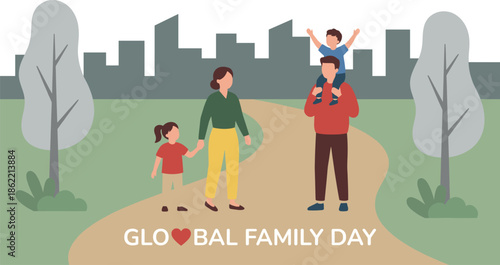 Happy Family Walking in City Park for Global Family Day Celebration Featuring Parents and Children Together in Flat Vector Illustration Style