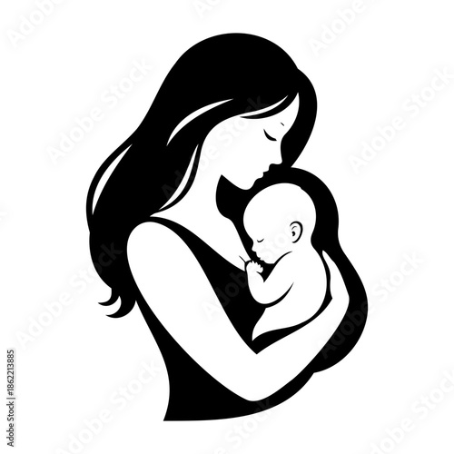Minimalist silhouette of a mother tenderly cradling her newborn baby in a loving peaceful embrace