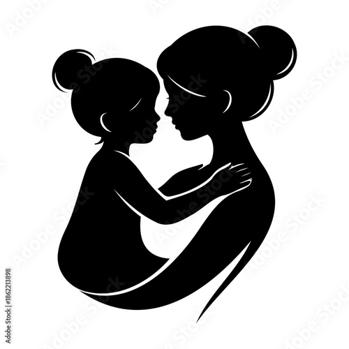 Minimalist silhouette of a mother tenderly holding her young daughter in a loving and protective embrace