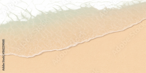 Torn paper on a sandy beach with sea water and gentle waves in summer sunlight